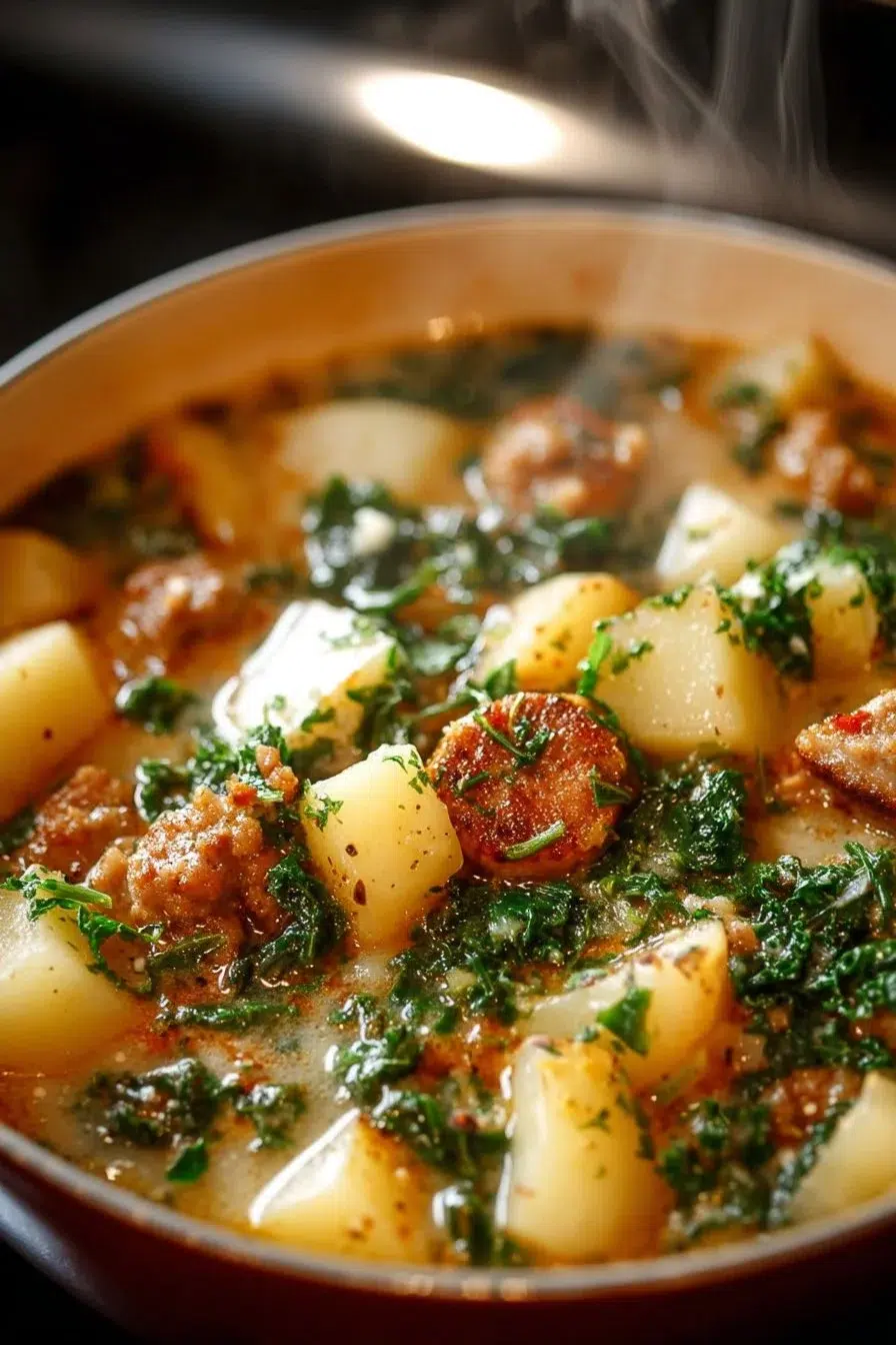 Cozy Italian Sausage and Potato Soup in a bowl with herbs on top
