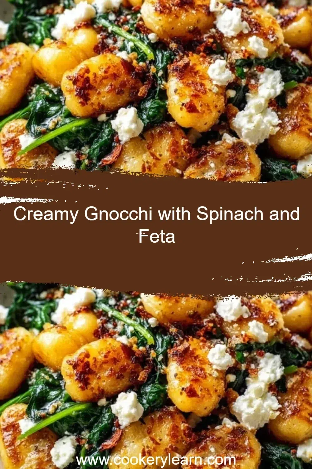 Creamy gnocchi with spinach and feta served in a bowl