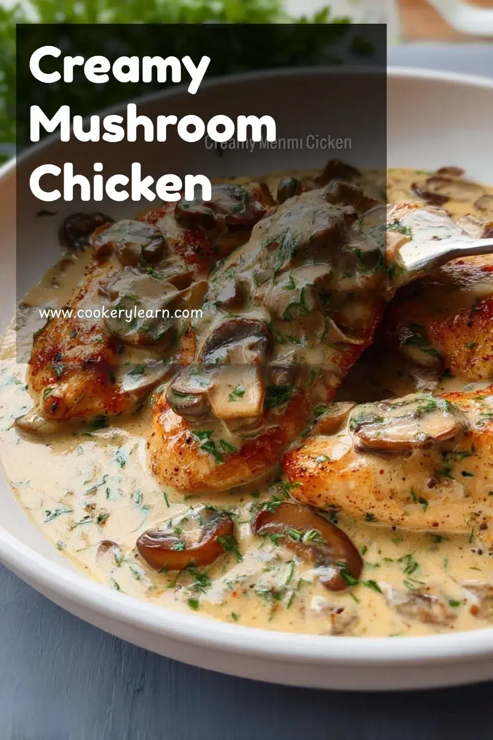 Creamy mushroom chicken dish garnished with herbs and served on a plate