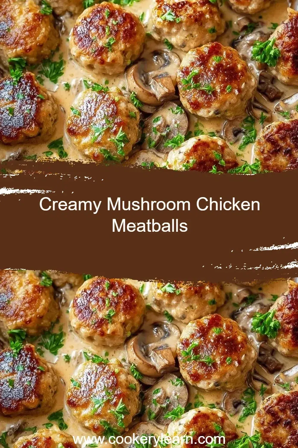 Creamy mushroom chicken meatballs served in a rich sauce