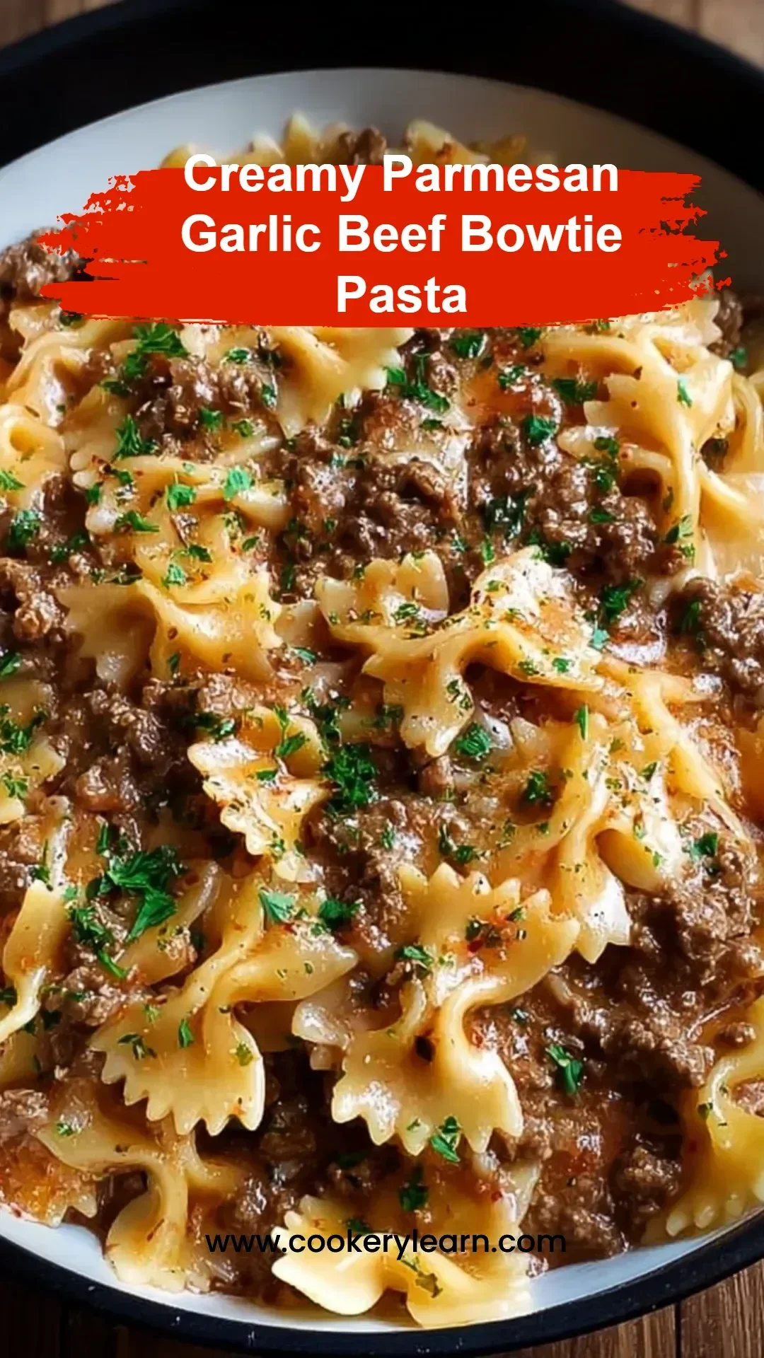 Delicious creamy Parmesan Garlic Beef Bowtie Pasta served in a bowl