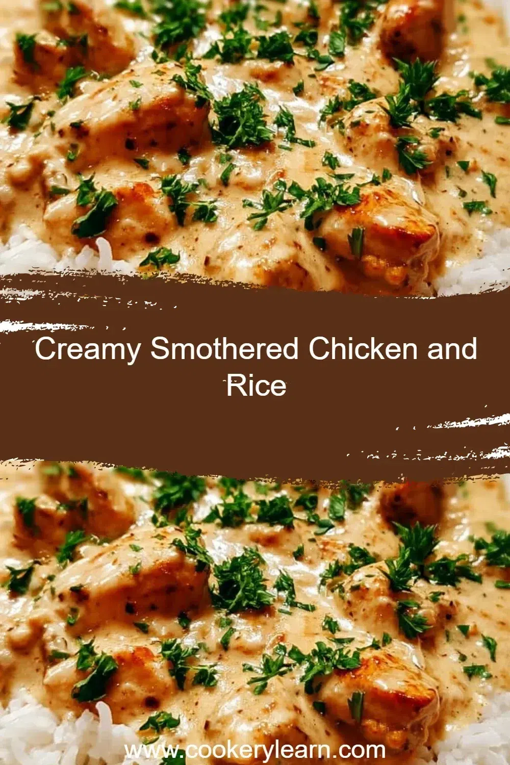 Creamy smothered chicken served over fluffy rice, garnished with green herbs.