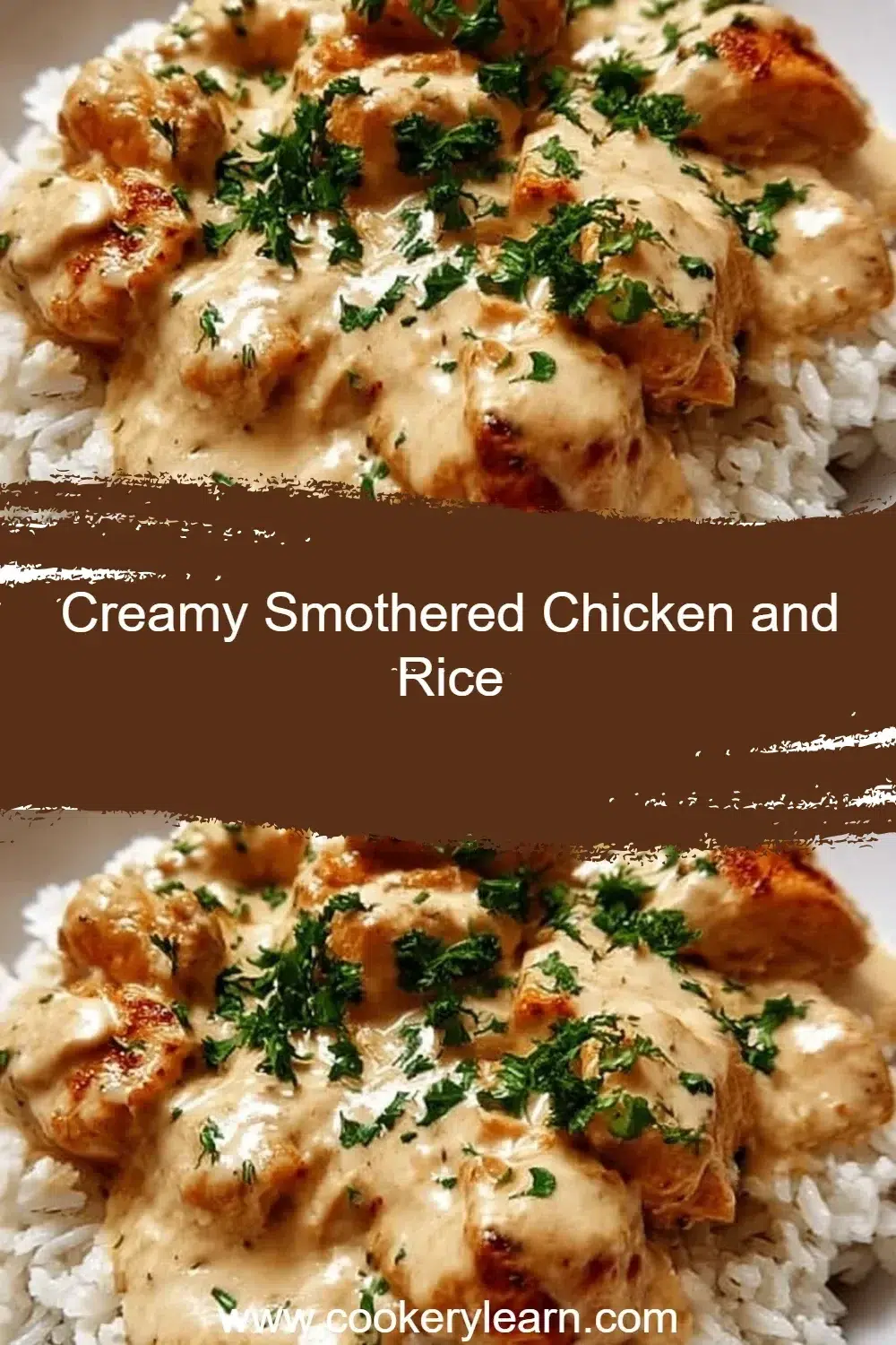 Creamy smothered chicken served over fluffy rice in a bowl
