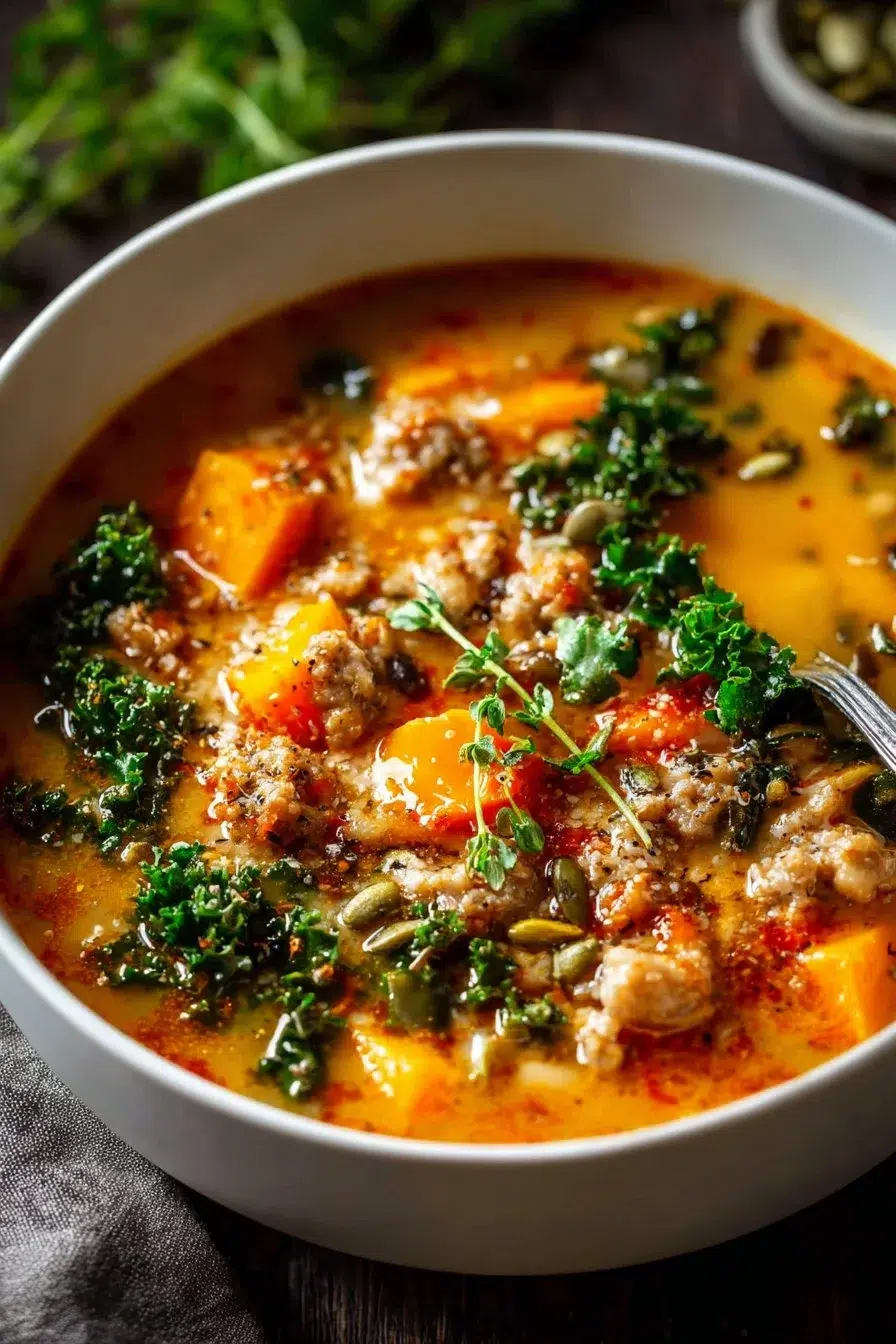 Creamy sweet potato and sausage soup in a bowl garnished with herbs