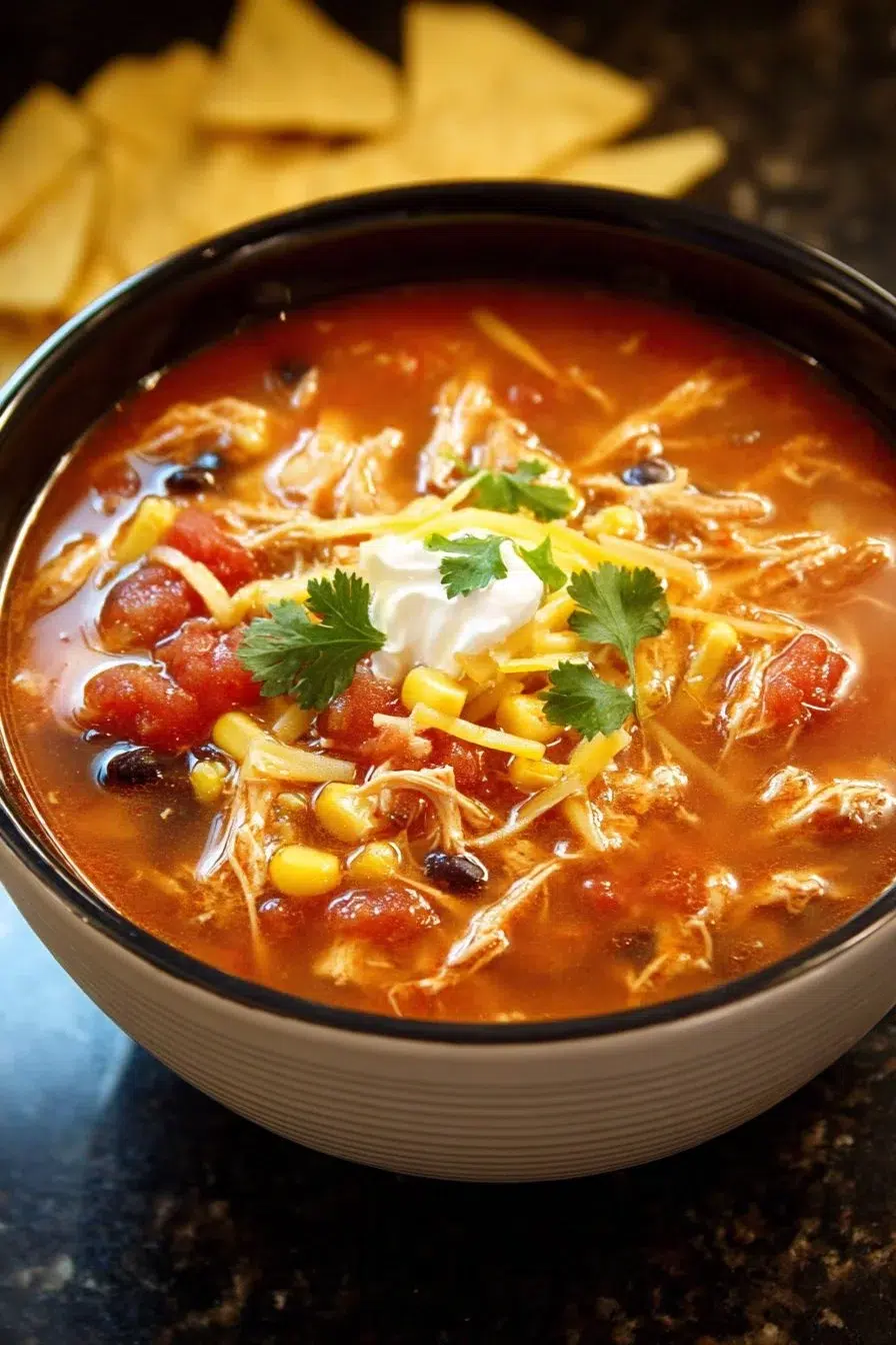 Delicious bowl of Crockpot Chicken Tortilla Soup garnished with tortilla strips.