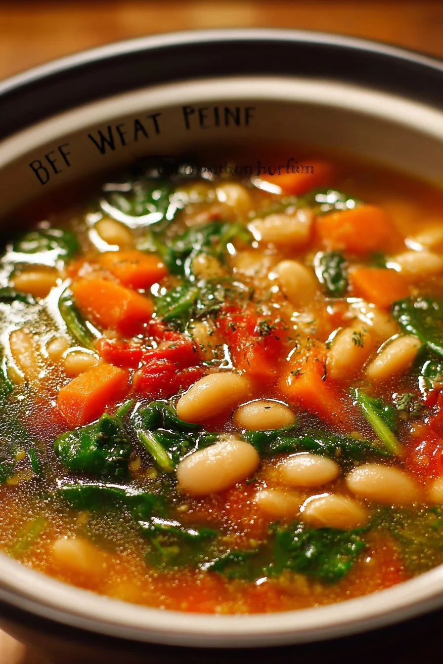 Bowl of flavor-packed white bean soup with fresh herbs and vegetables