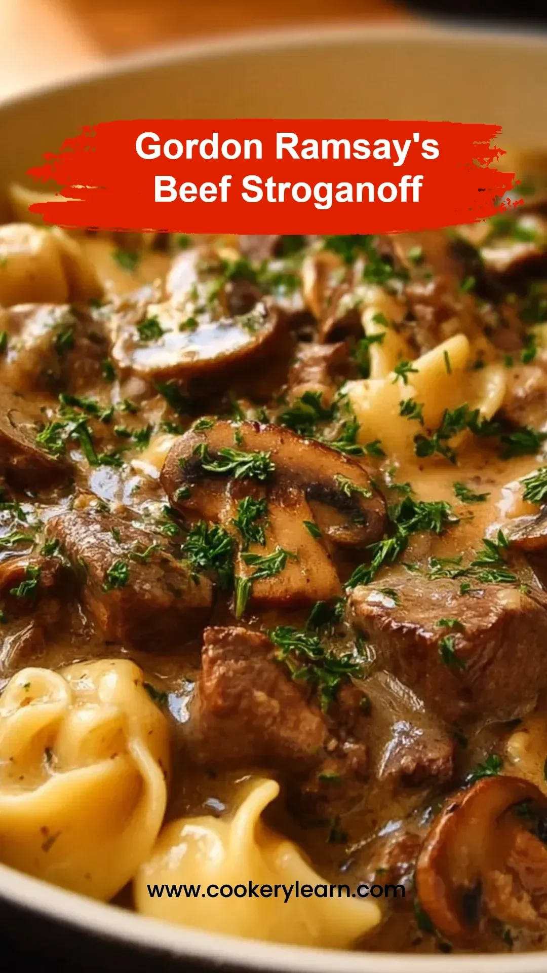 Gordon Ramsay's Beef Stroganoff served with noodles and garnished with parsley.