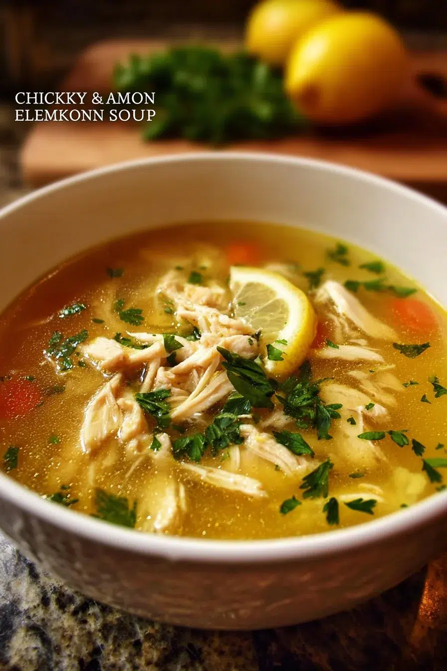 Bowl of Greek Lemon Chicken Soup with fresh herbs and lemon slices