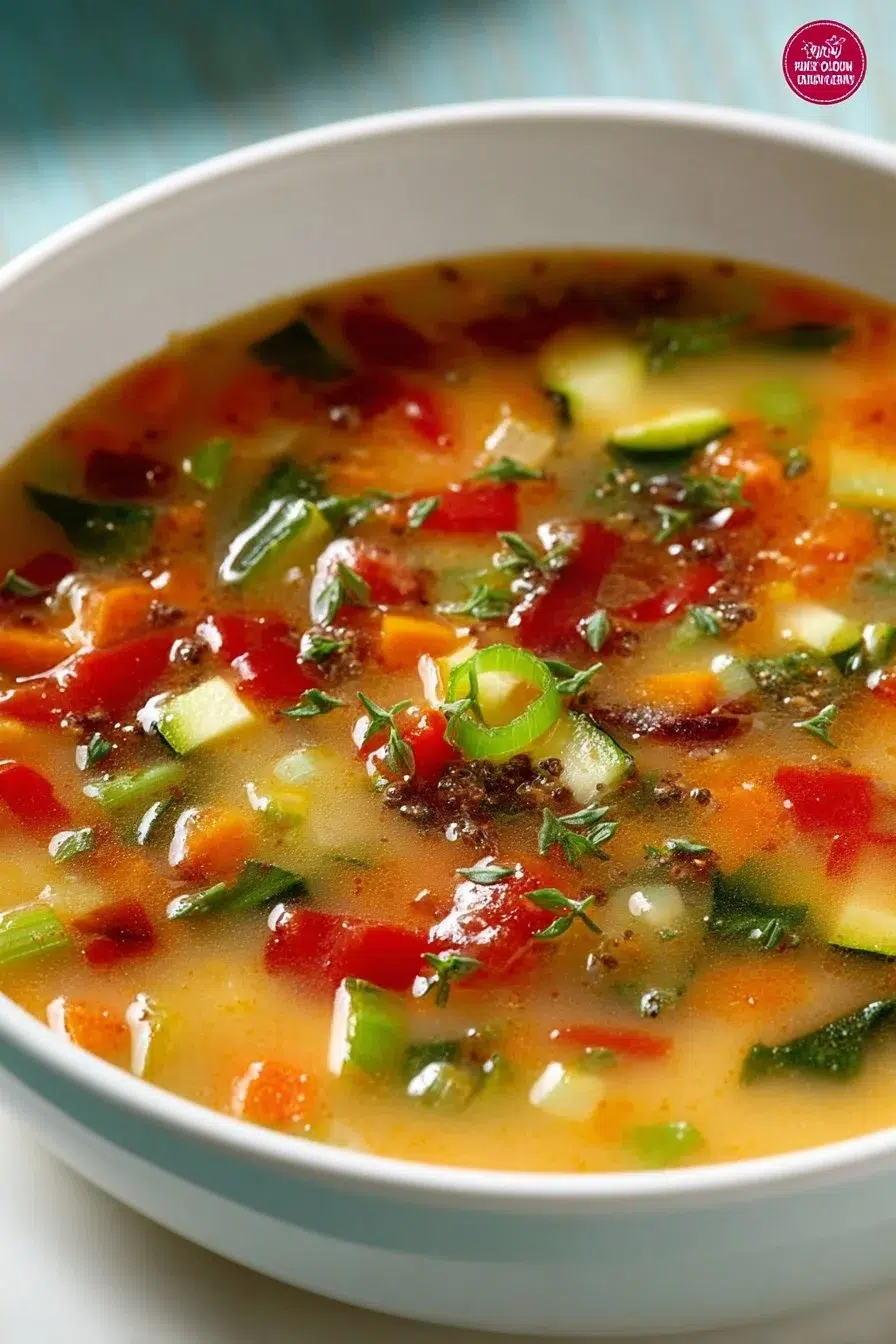 Bowl of hearty vegetable soup filled with fresh vegetables and herbs