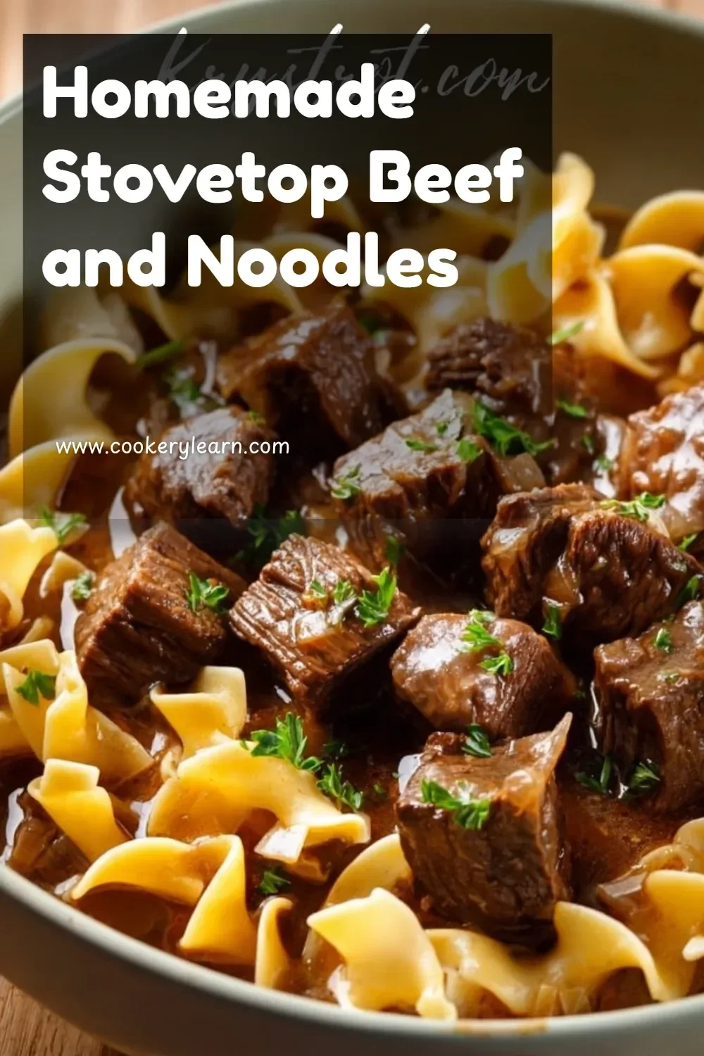 Delicious homemade stovetop beef and noodles in a bowl
