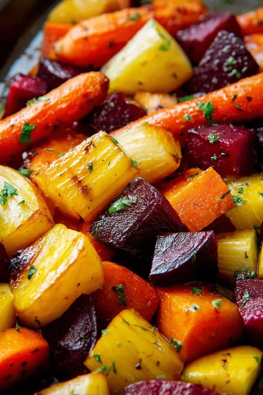 Honey roasted beets and carrots on a serving dish