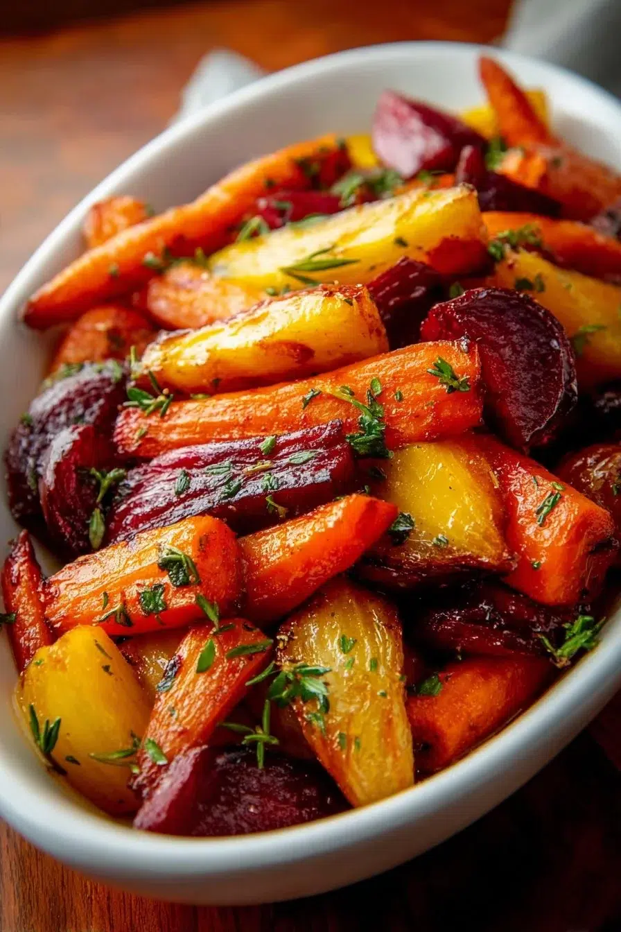 Honey roasted beets & carrots dish with vibrant colors and glazed finish