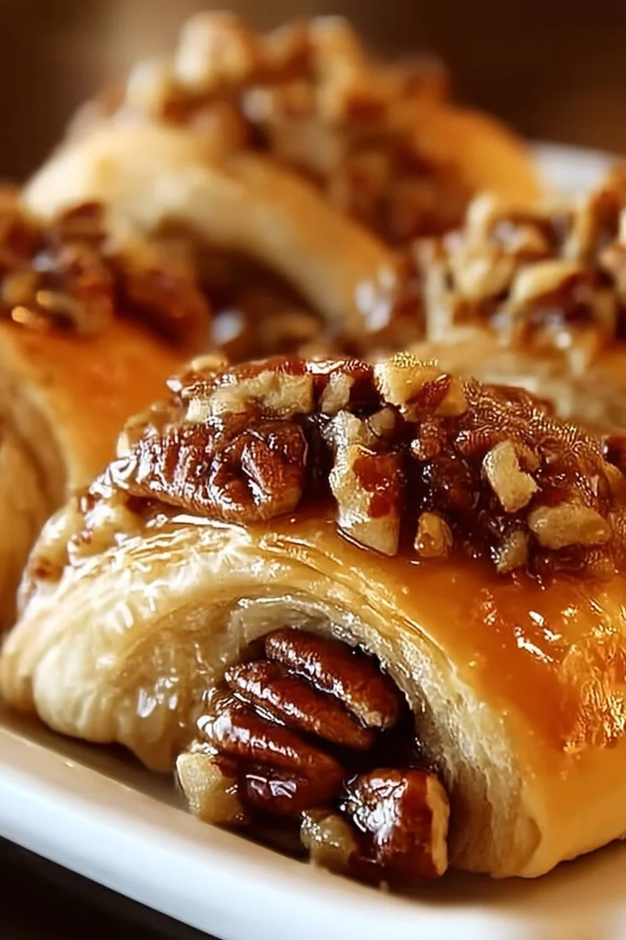Irresistible pecan pie crescent rolls baked and ready to enjoy.
