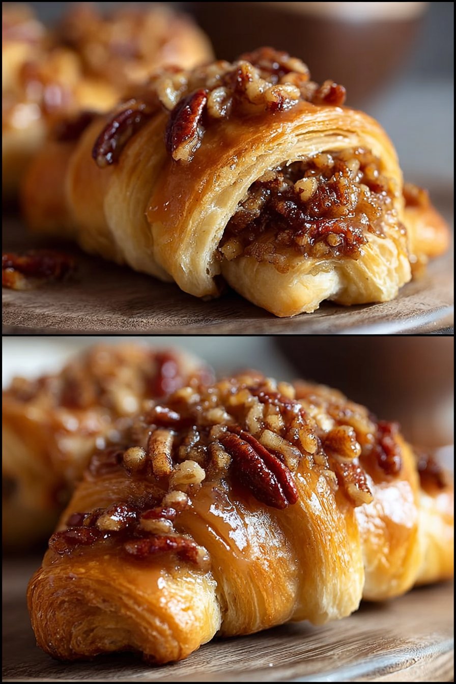 Buttery Pecan Pie Crescent Rolls with Brown Sugar Caramel Glaze and Toasted Pecans