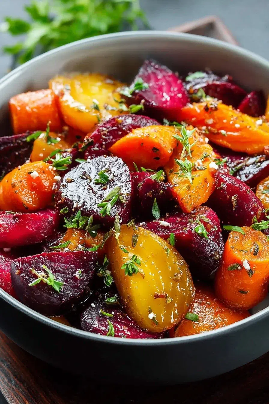 Maple Roasted Beets and Carrots dish garnished, showcasing vibrant colors.