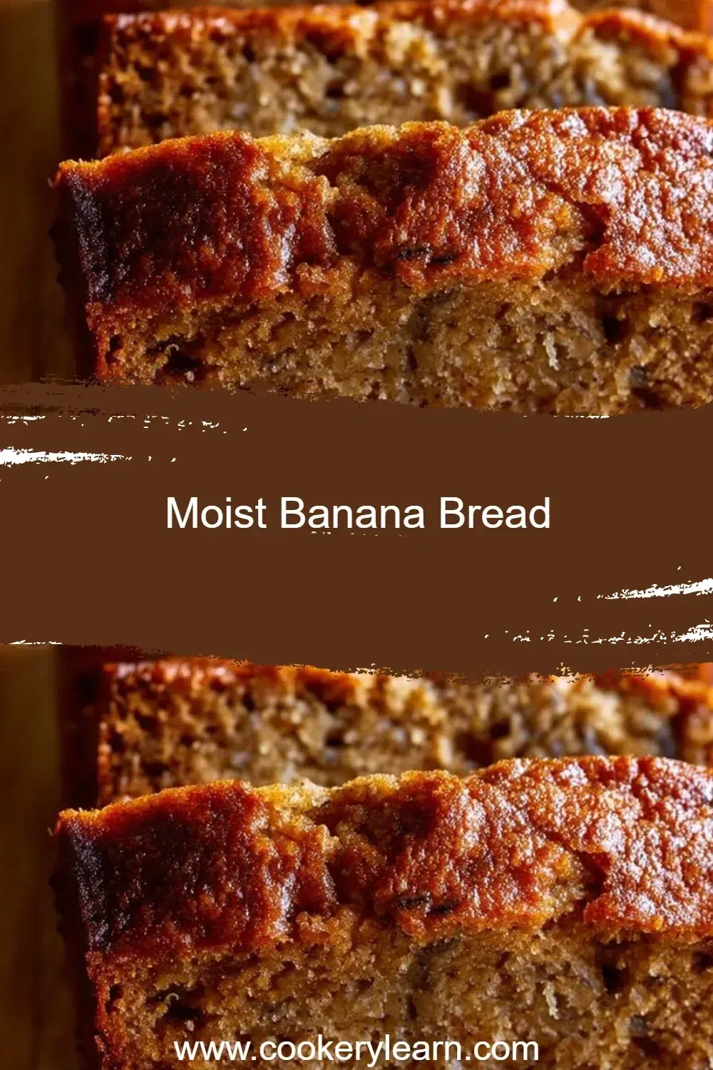 Loaf of moist banana bread on a wooden cutting board with sliced pieces