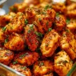 Oven-baked chicken bites served with dipping sauce on a plate