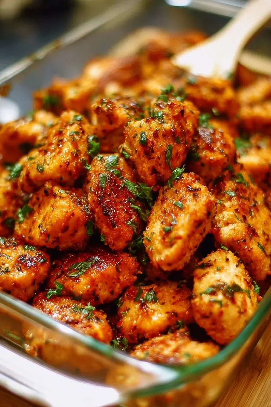 Oven-baked chicken bites served with dipping sauce on a plate