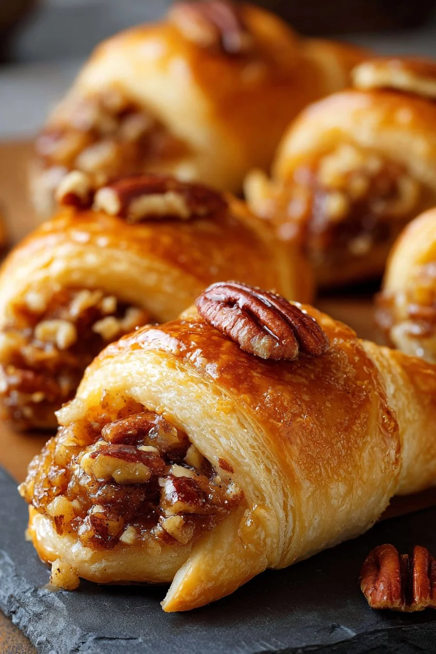 Pecan pie crescent rolls drizzled with caramel sauce on a white plate.