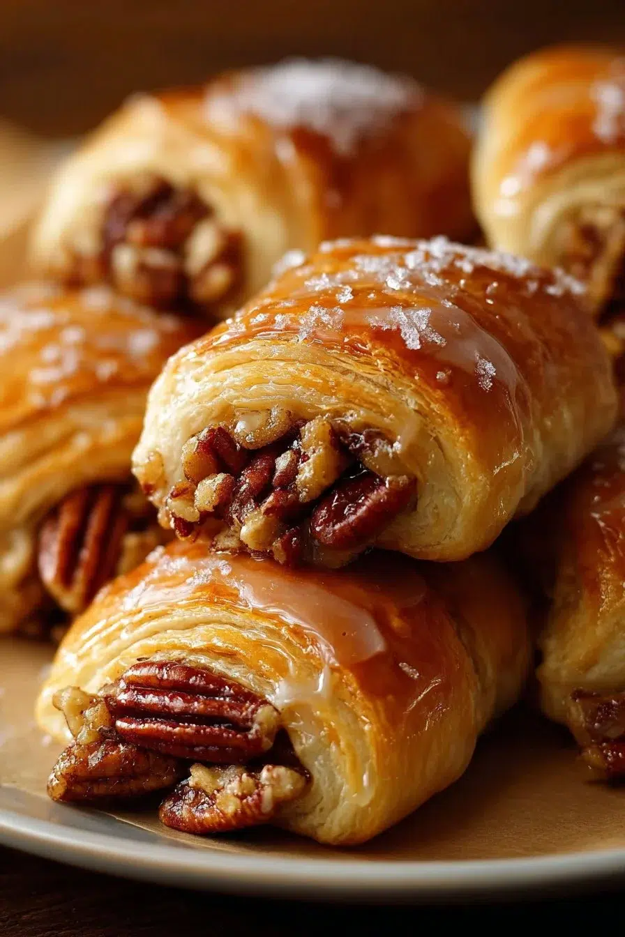 Delicious Pecan Pie Crescent Rolls with caramel drizzle and pecans