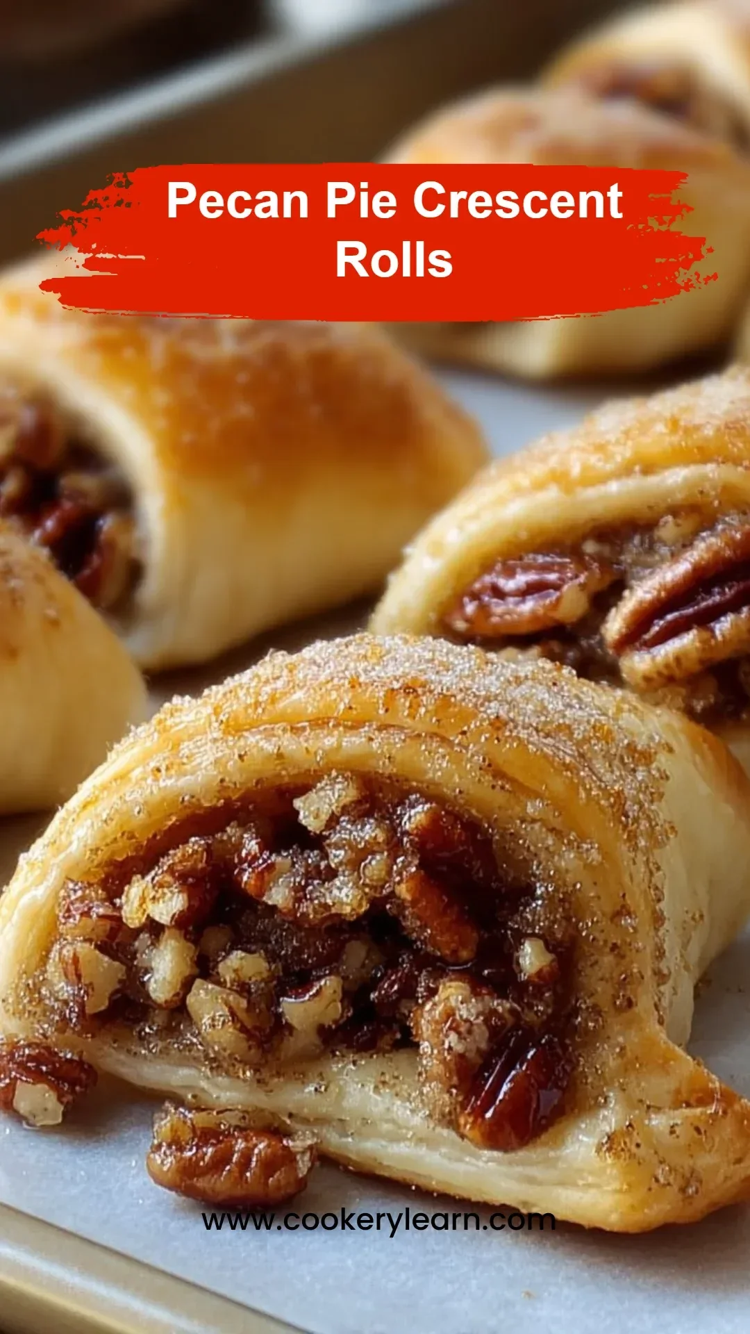 Pecan Pie Crescent Rolls fresh out of the oven, garnished with pecans.