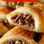 Pecan pie crescent rolls topped with caramel and pecans on a white plate