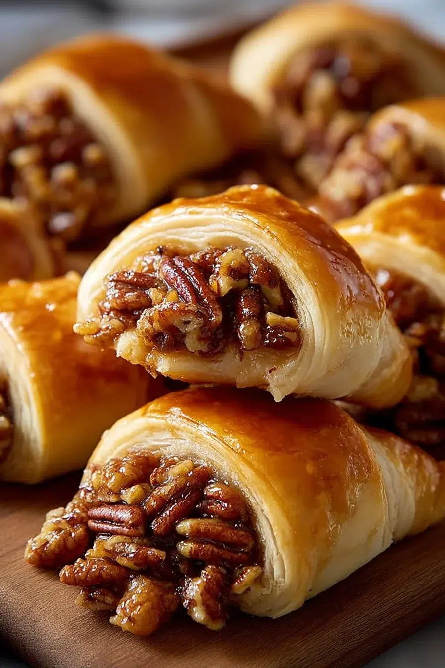 Pecan Pie Crescent Rolls on a plate with caramel drizzle
