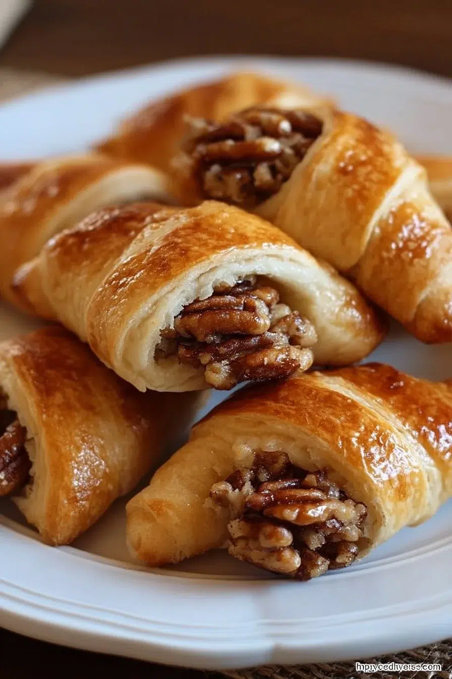 Pecan Pie Crescent Rolls topped with pecans and caramel on a plate