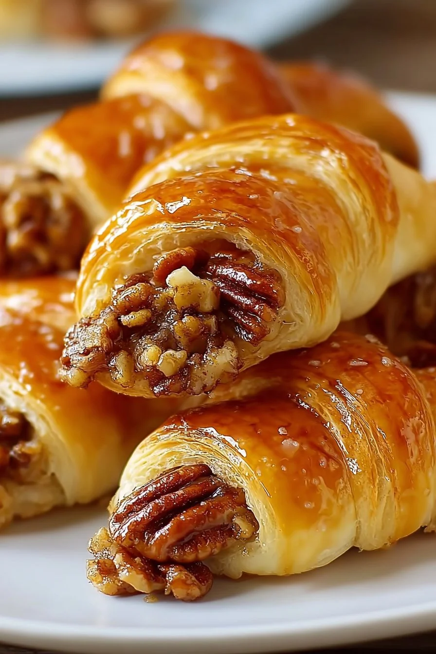 Delicious Pecan Pie Crescent Rolls served with a dollop of whipped cream