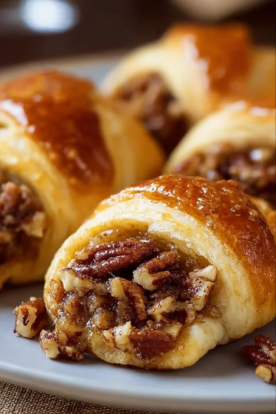 Delicious pecan pie crescent rolls served on a plate.