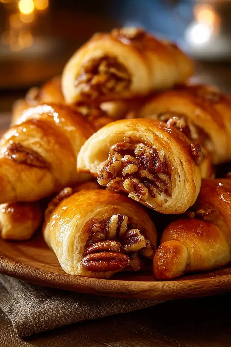 Delicious pecan pie crescents served on a rustic wooden table.