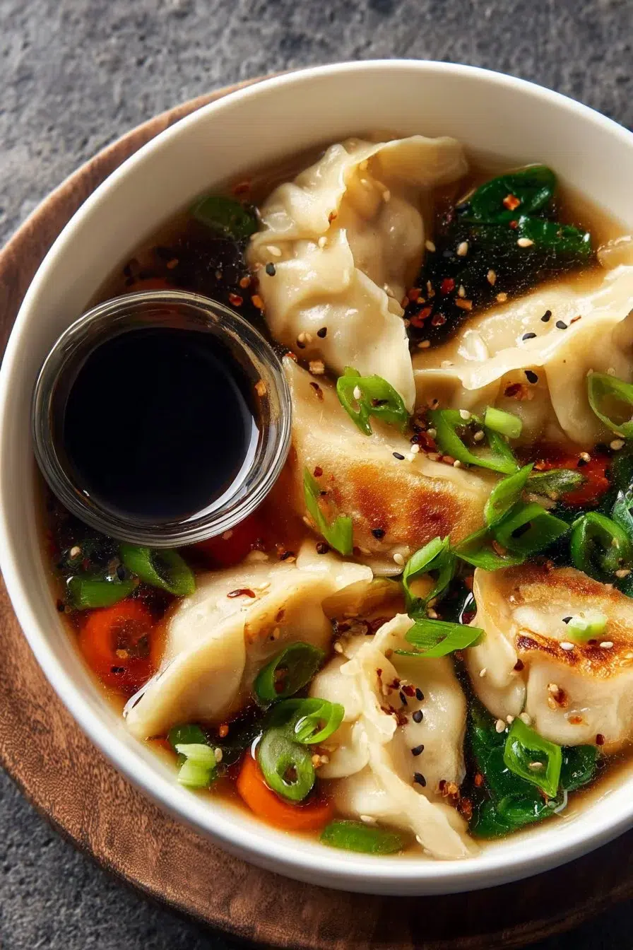 A bowl of homemade Potsticker Soup with dumplings and green onions.