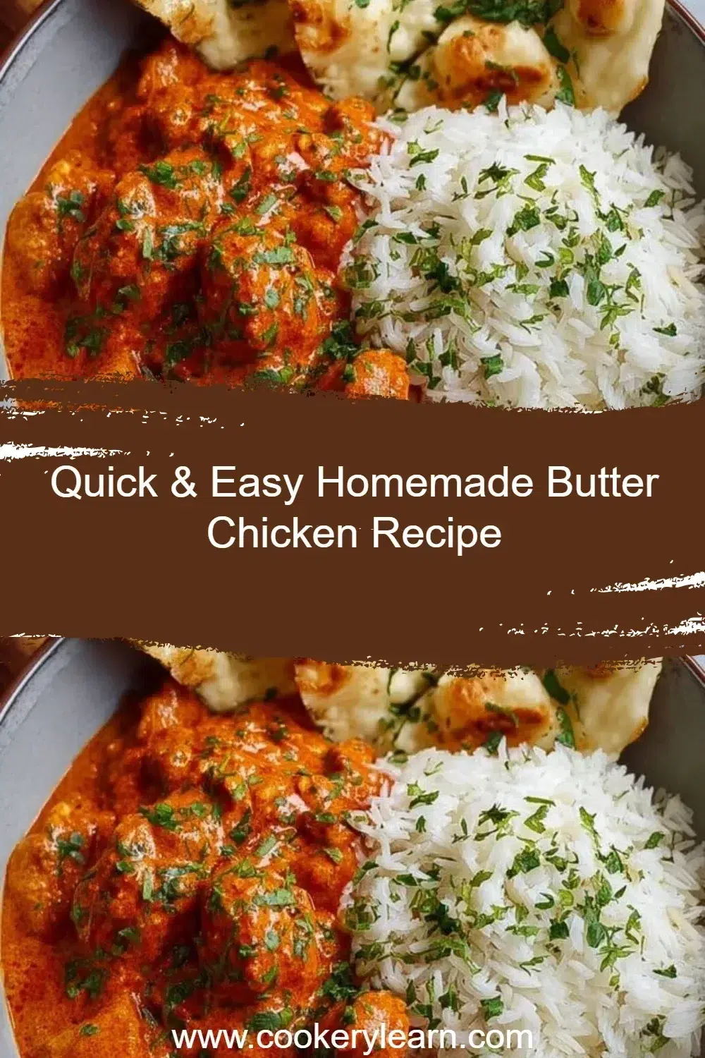 Delicious homemade butter chicken served with naan and rice