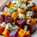 Roasted beet and sweet potato salad topped with feta and creamy yogurt dressing