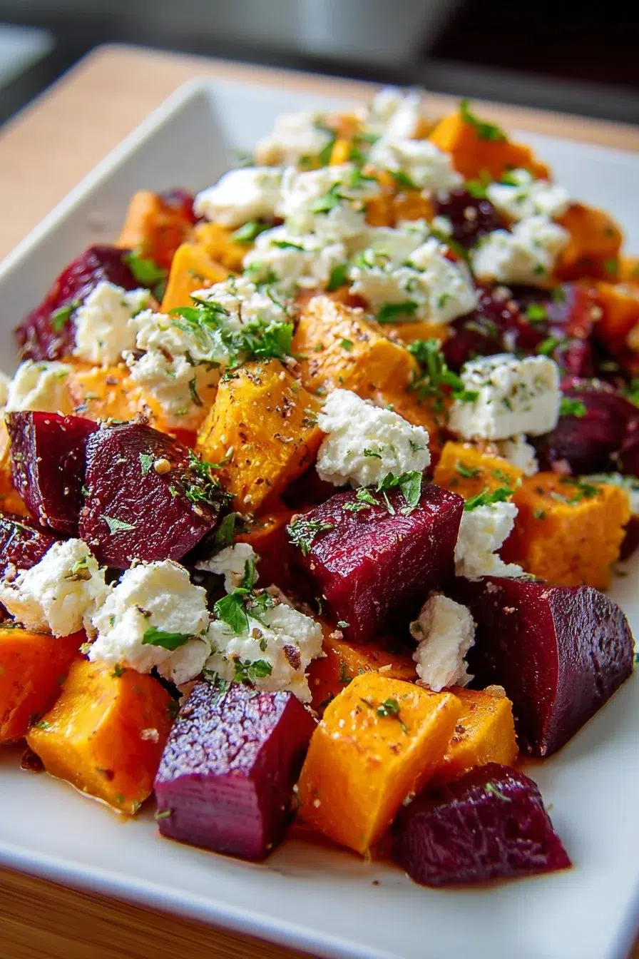 Roasted beet and sweet potato salad topped with feta and creamy yogurt dressing