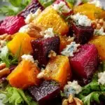 Roasted beet salad with sweet potato and feta served in a bowl
