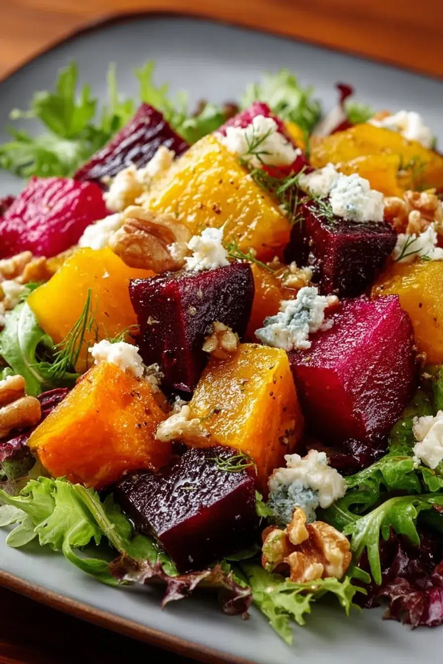 Roasted beet salad with sweet potato and feta served in a bowl