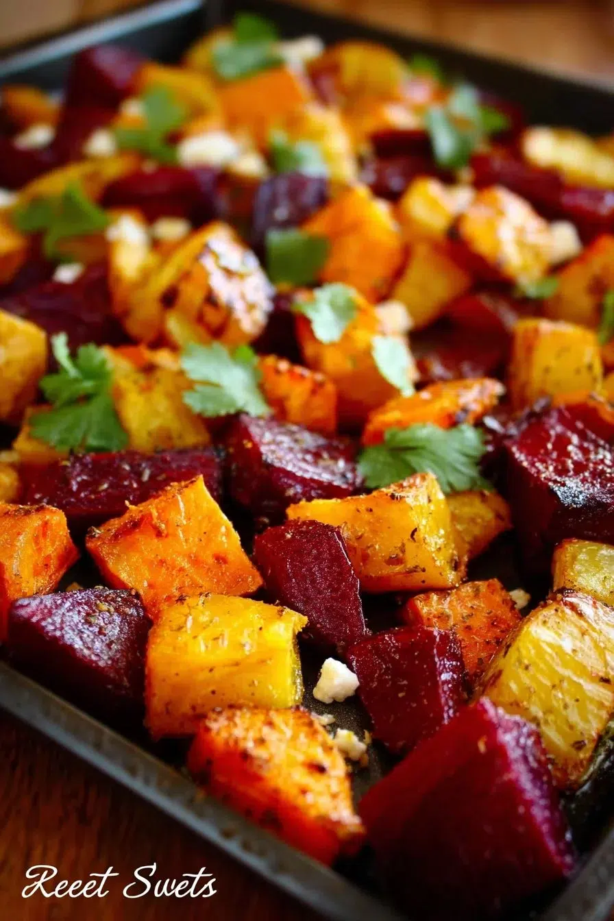 Bowl of roasted beets and sweet potatoes roasted to perfection