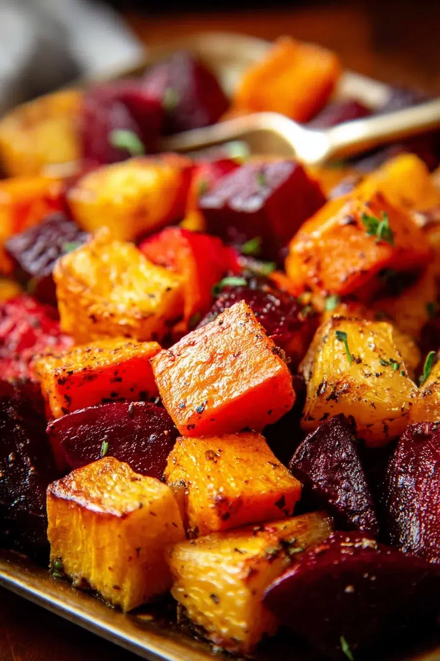 Oven-roasted beets and sweet potatoes served with herbs