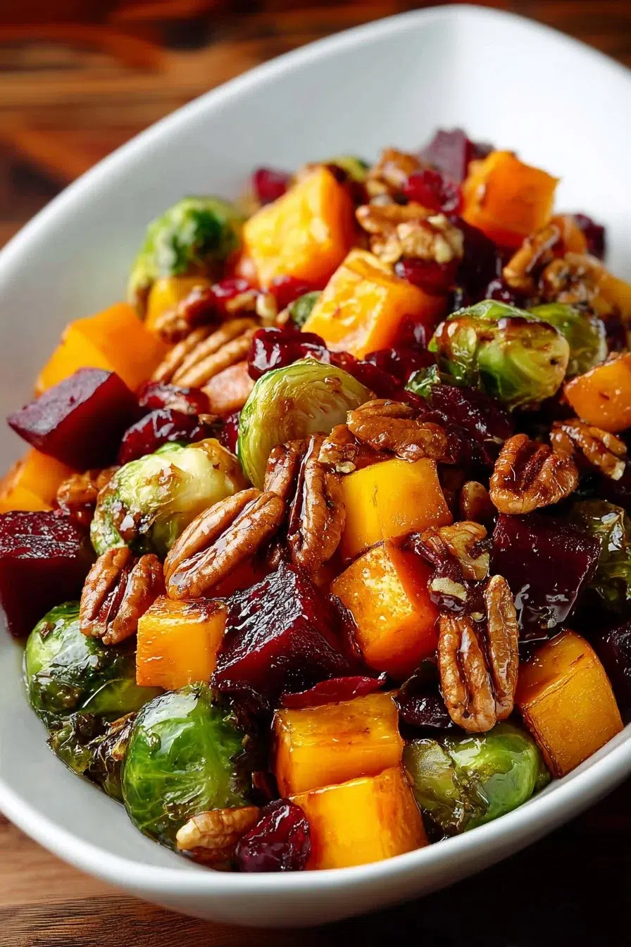 Roasted butternut squash and Brussels sprouts salad in a bowl