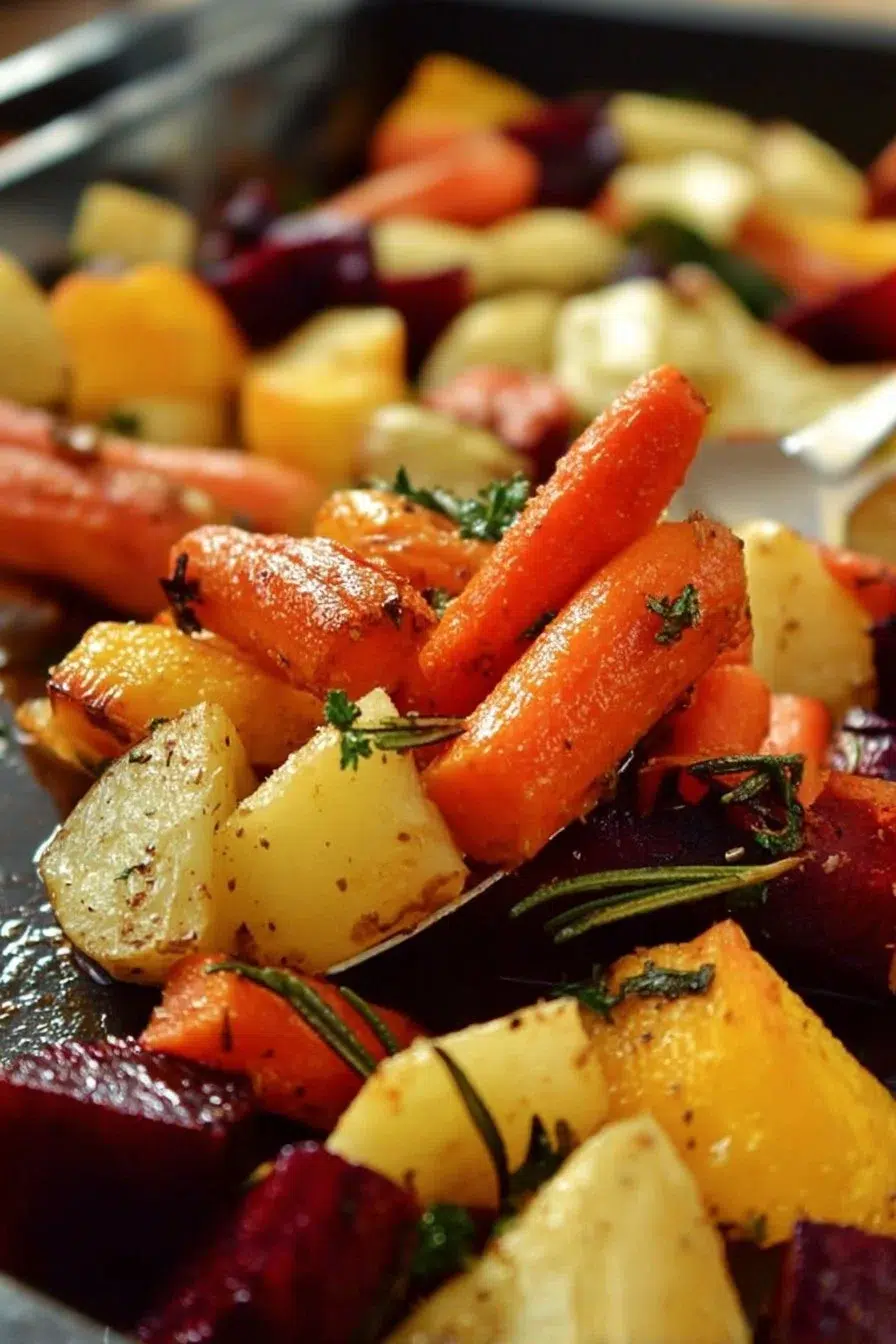 Colorful roasted vegetables including potatoes, carrots, and beets on a plate