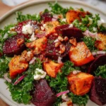 Roasted sweet potato and beetroot salad served in a rustic bowl
