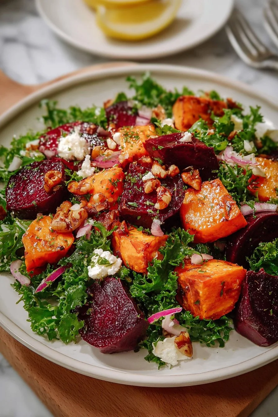 Roasted sweet potato and beetroot salad served in a rustic bowl