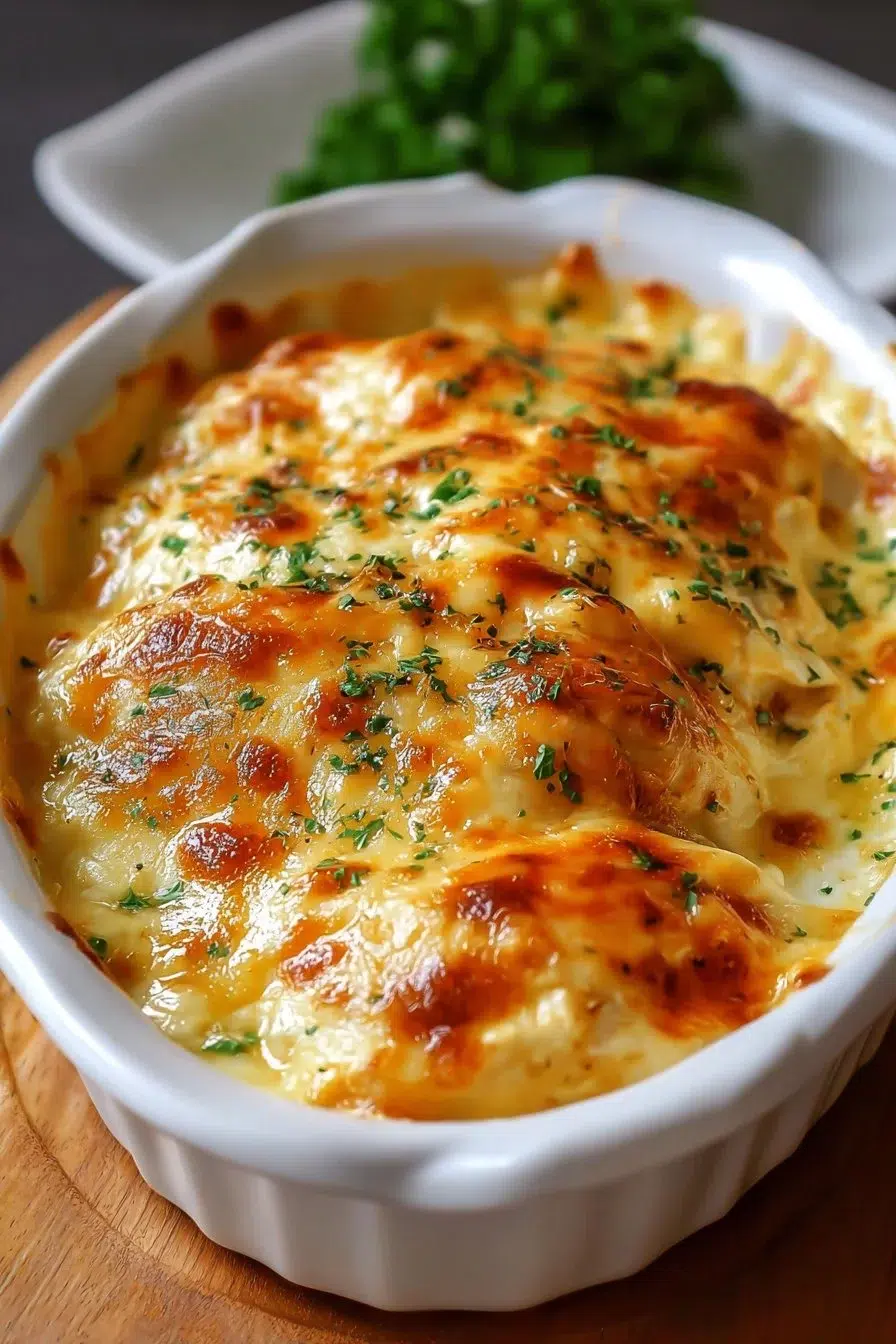 Delicious smothered cheesy sour cream chicken topped with melted cheese