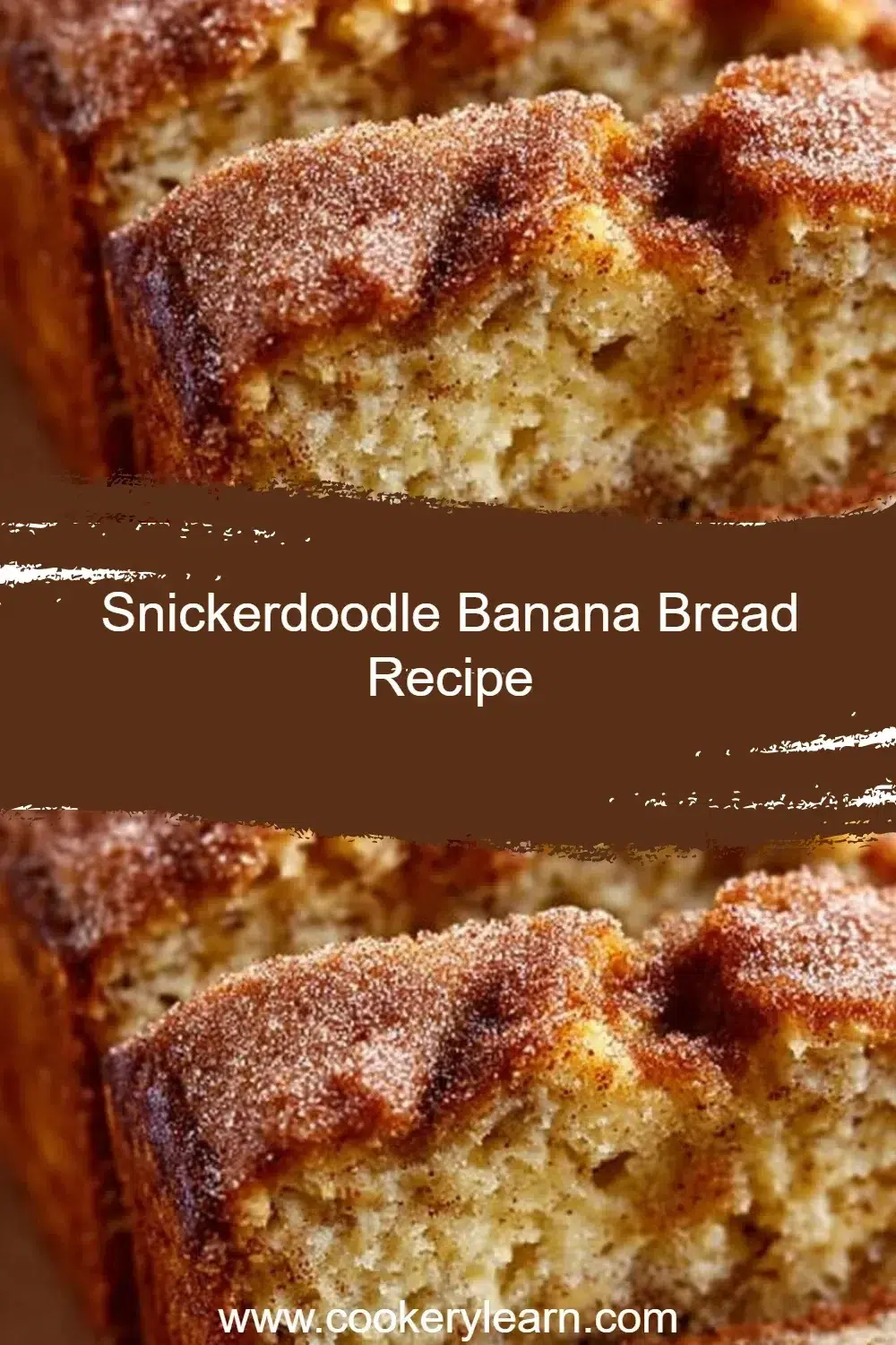 Slice of snickerdoodle banana bread on a plate with cinnamon sugar topping