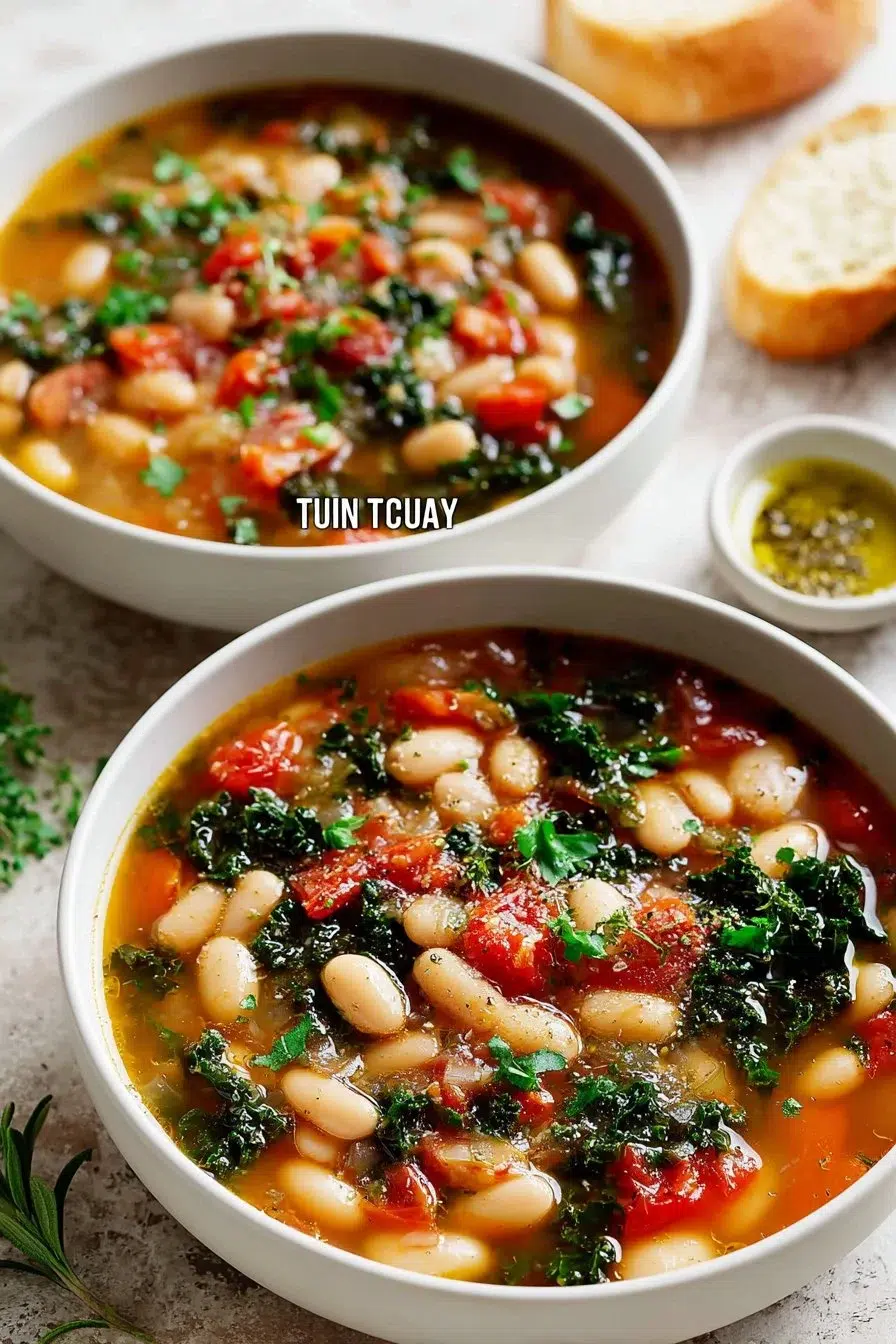 Bowl of Tuscan White Bean Soup with herbs and vegetables