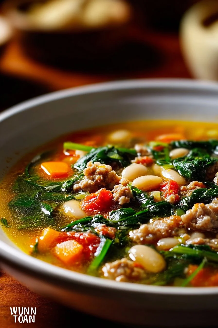 Bowl of Tuscan White Bean Soup garnished with fresh herbs and spices