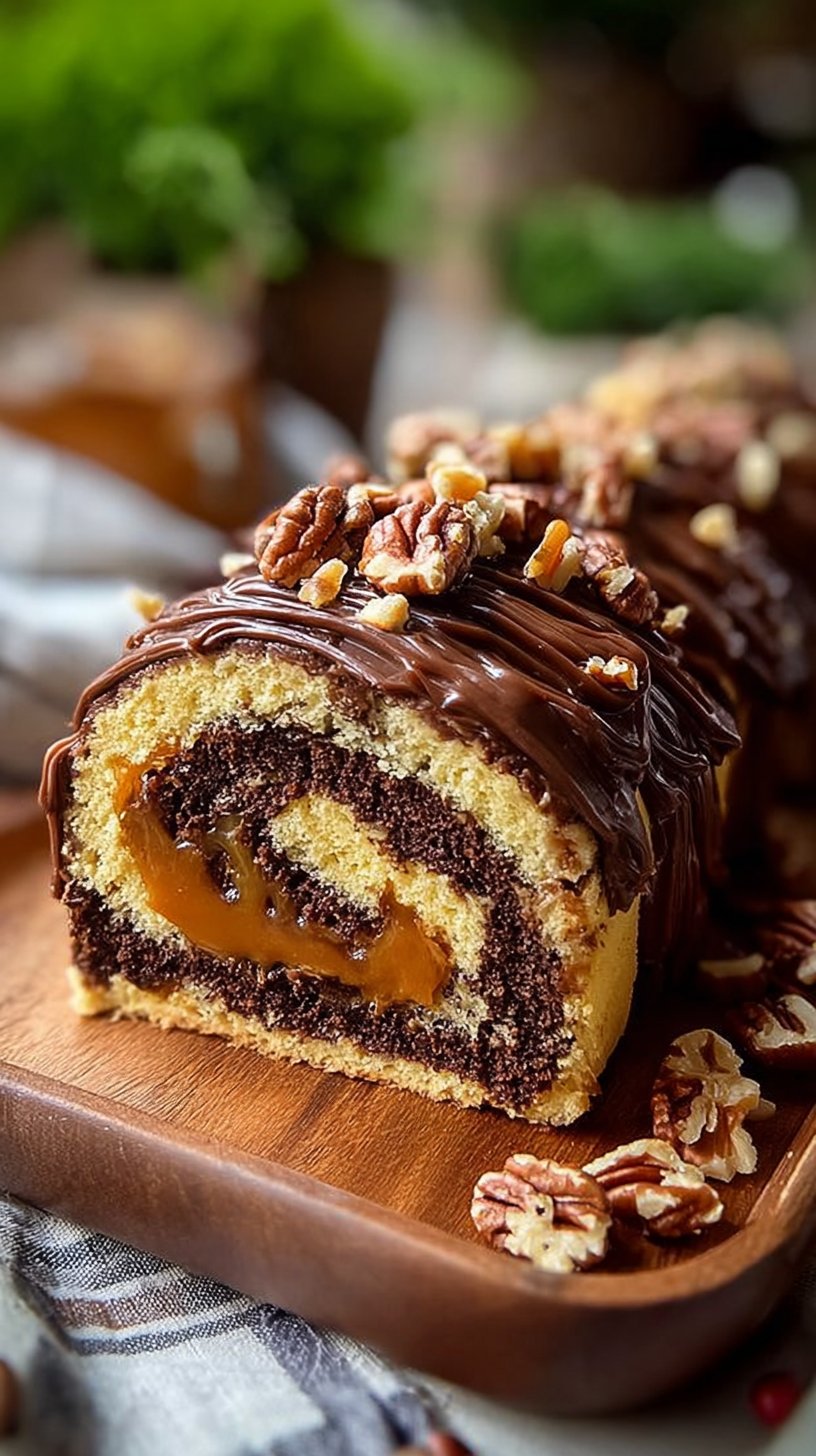 Gooey Chocolate Caramel Turtle Cake Roll