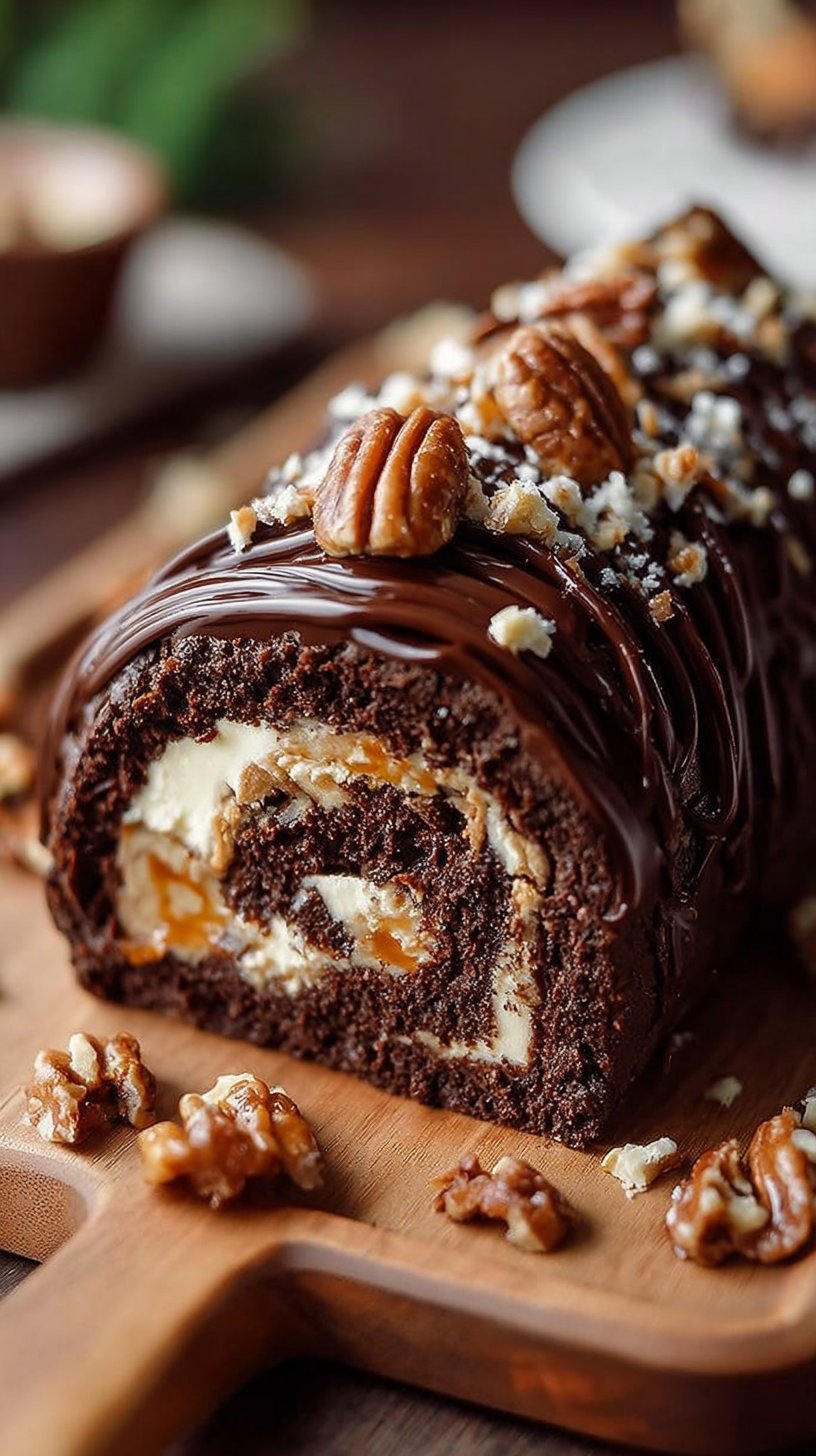 Chocolate Caramel Turtle Cake Roll