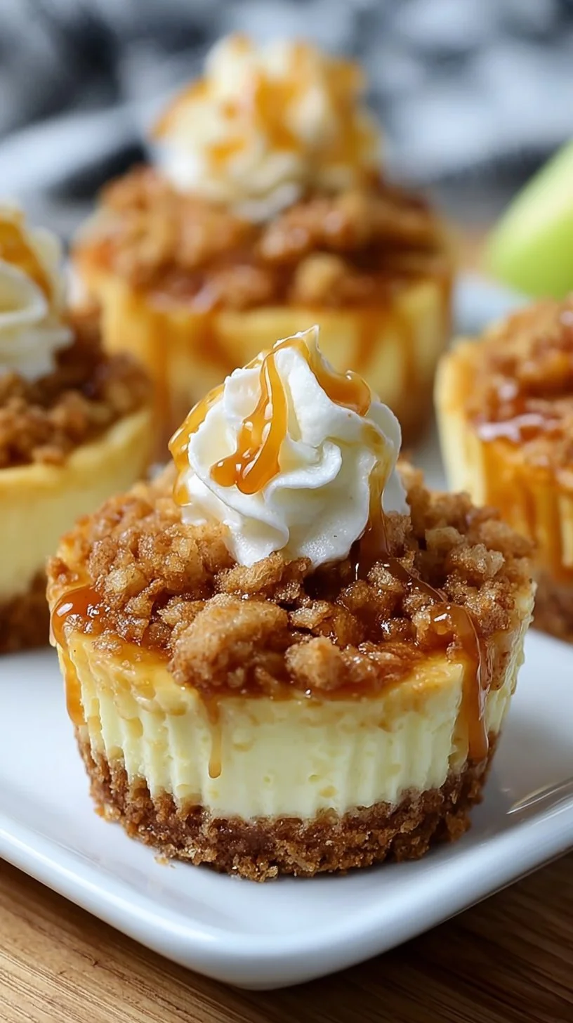 Apple crisp mini cheesecakes topped with crunchy cinnamon apple topping